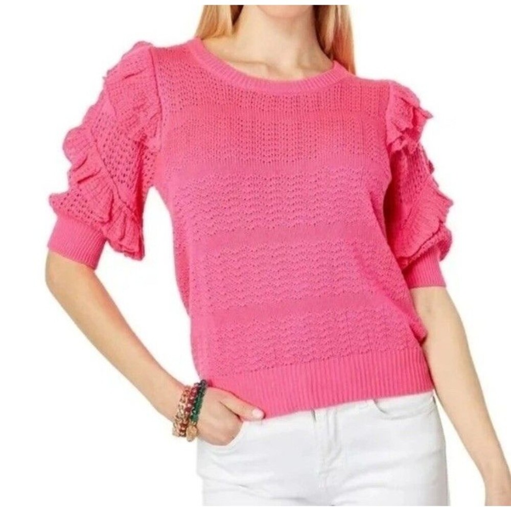 lilly pulitzer Isabeli Pink Open Knit Sweater Ruffled Sleeves L